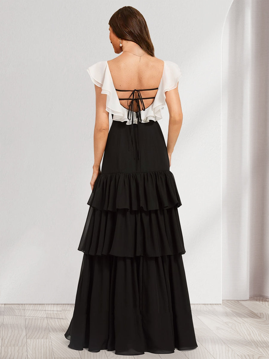 A Line Princess Scoop Floor Length Chiffon Bridesmaid Dresses With Split Side Cascading Ruffles