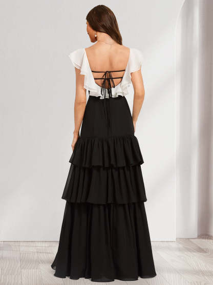 A Line Princess Scoop Floor Length Chiffon Bridesmaid Dresses With Split Side Cascading Ruffles