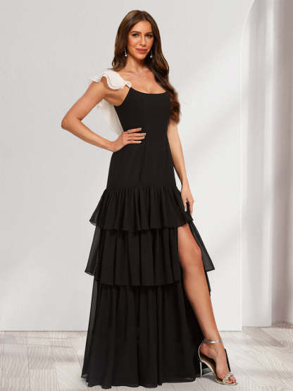 A Line Princess Scoop Floor Length Chiffon Bridesmaid Dresses With Split Side Cascading Ruffles