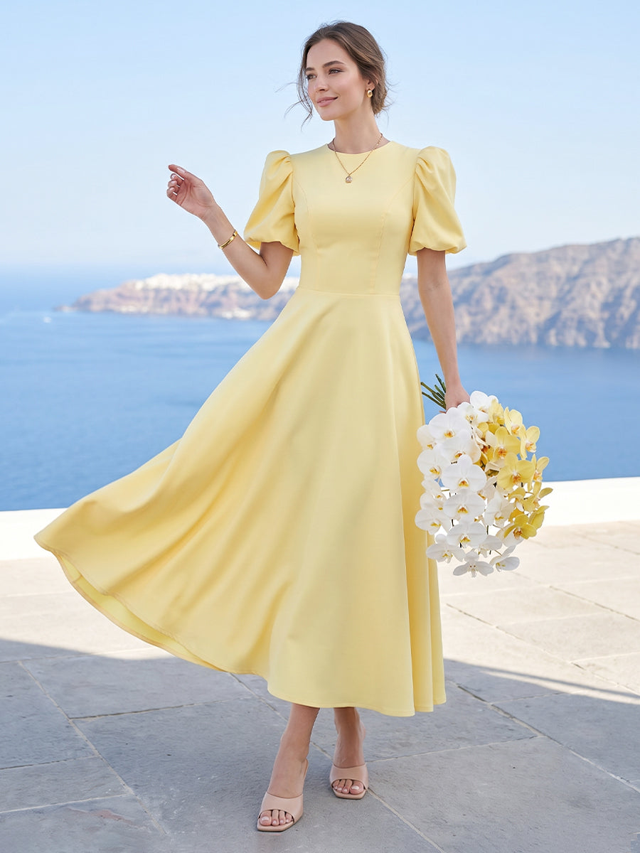 A Line Princess Scoop Puff Sleeves Tea Length Long Bridesmaid Dresses with Ruched