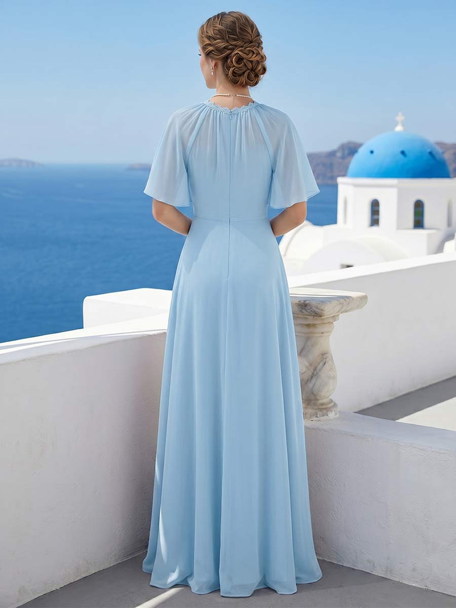 A Line Princess Scoop Short Sleeves Floor Length Long Bridesmaid Dresses with Ruffles