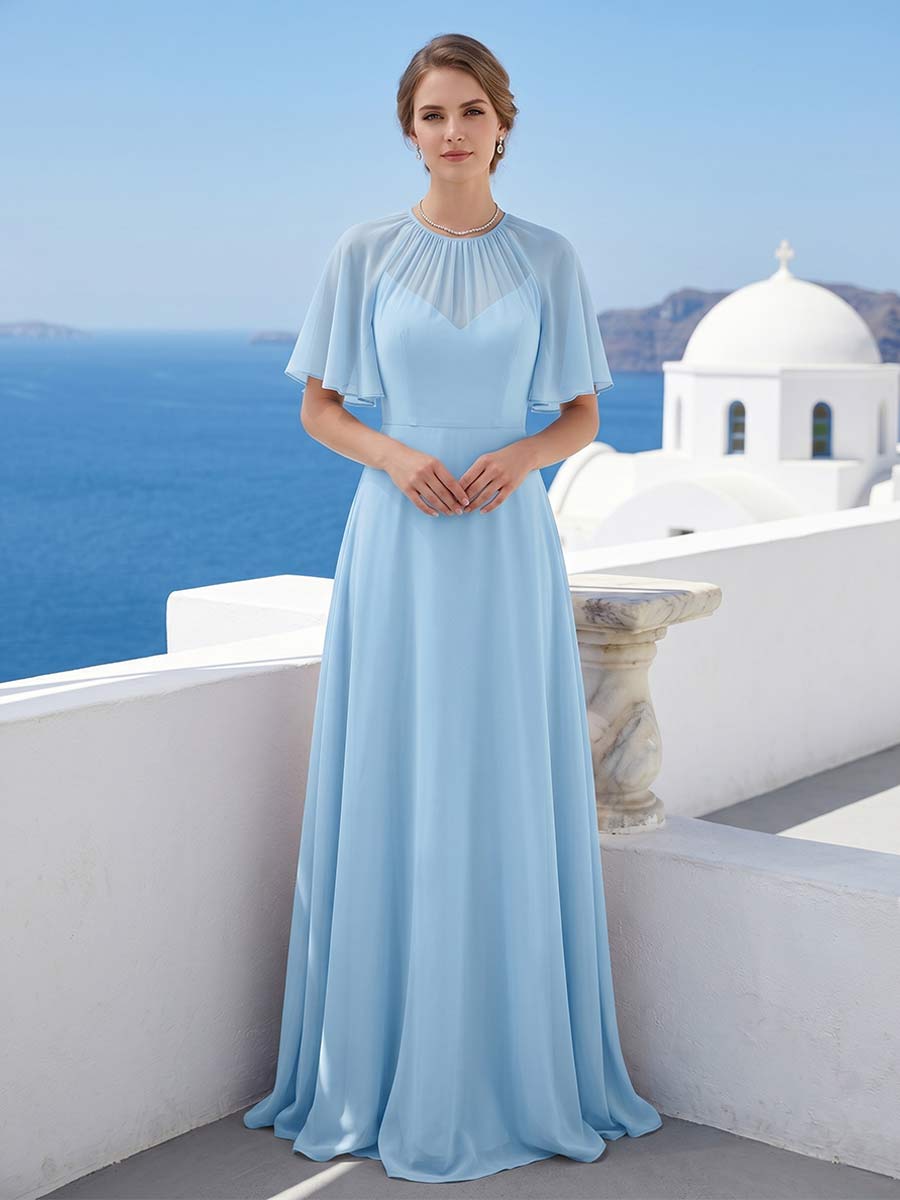 A Line Princess Scoop Short Sleeves Floor Length Long Bridesmaid Dresses with Ruffles