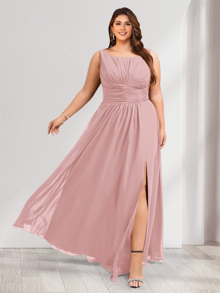 A Line Princess Scoop Sleeveless Floor Length Plus Size Bridesmaid Dresses with Ruched