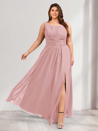 A Line Princess Scoop Sleeveless Floor Length Plus Size Bridesmaid Dresses with Ruched