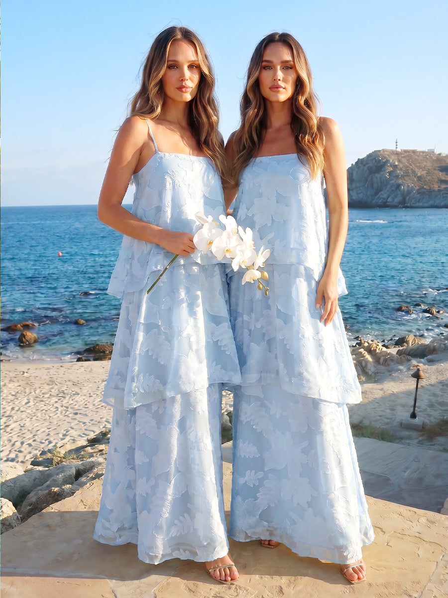 A Line Princess Sleeveless Spaghetti Straps Floor Length Bridesmaid Dresses with Ruffles