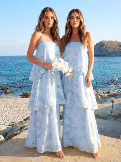A Line Princess Sleeveless Spaghetti Straps Floor Length Bridesmaid Dresses with Ruffles
