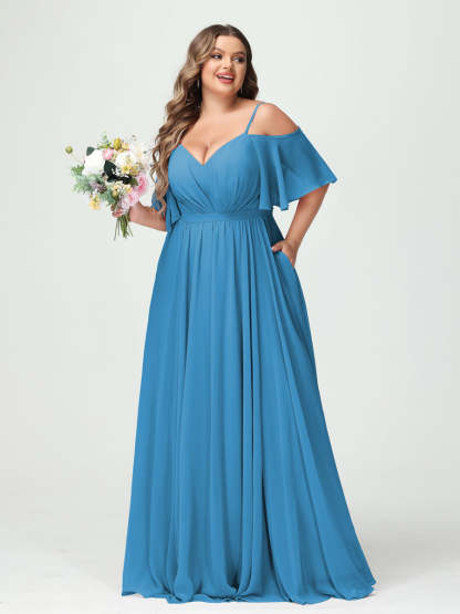 A Line Princess Spaghetti Straps Half Sleeves Chiffon Plus Size Bridesmaid Dresses with Pockets