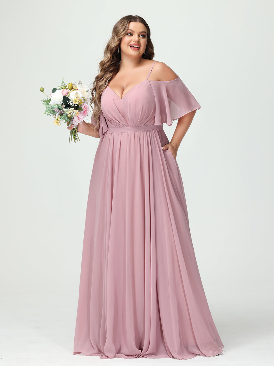 A Line Princess Spaghetti Straps Half Sleeves Chiffon Plus Size Bridesmaid Dresses with Pockets