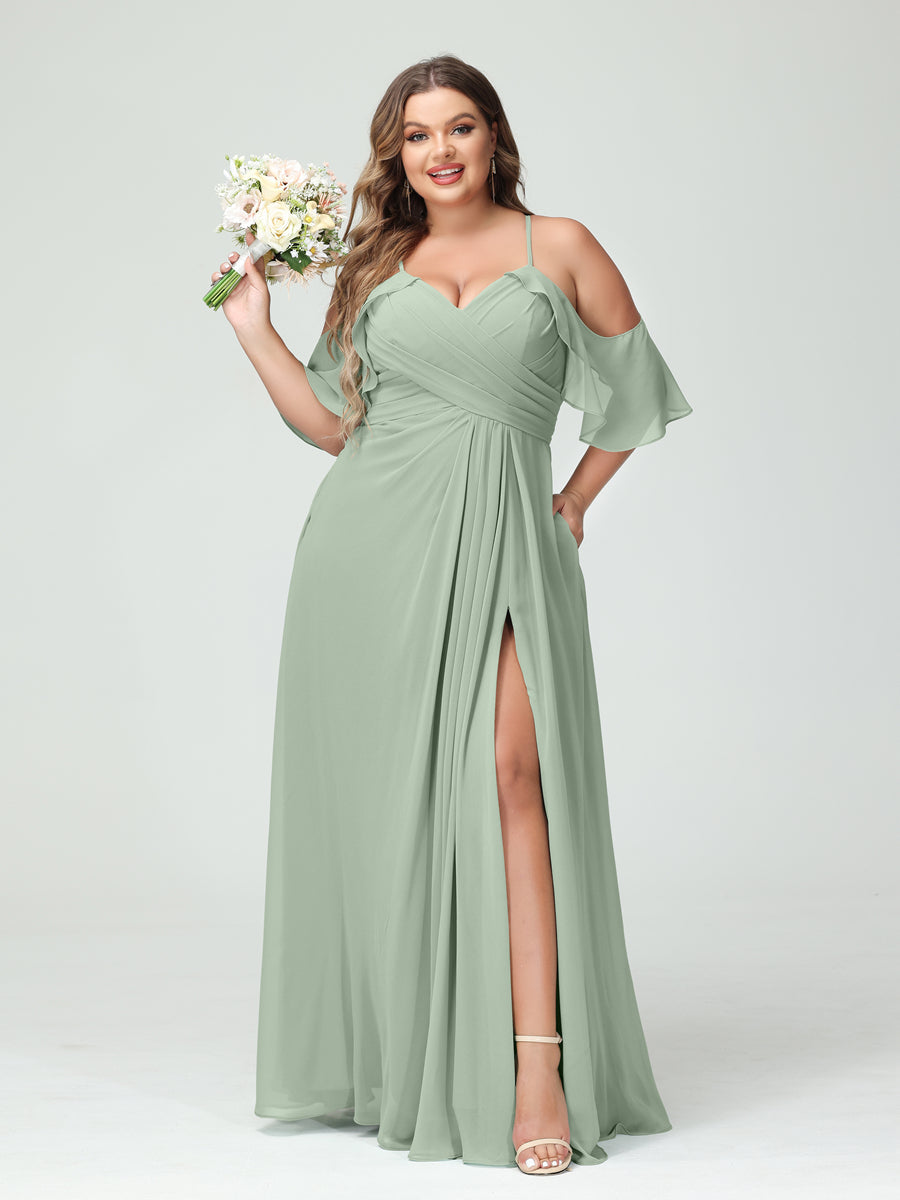 A Line Princess Spaghetti Straps Short Sleeves Chiffon Ruched Split Side Plus Size Bridesmaid Dresses with Pockets