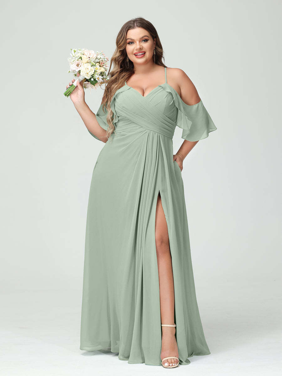 A Line Princess Spaghetti Straps Short Sleeves Chiffon Ruched Split Side Plus Size Bridesmaid Dresses with Pockets
