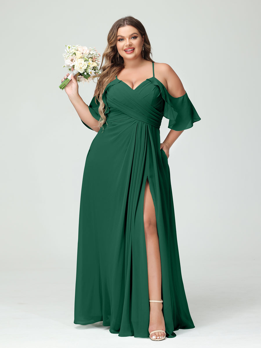 A Line Princess Spaghetti Straps Short Sleeves Chiffon Ruched Split Side Plus Size Bridesmaid Dresses with Pockets