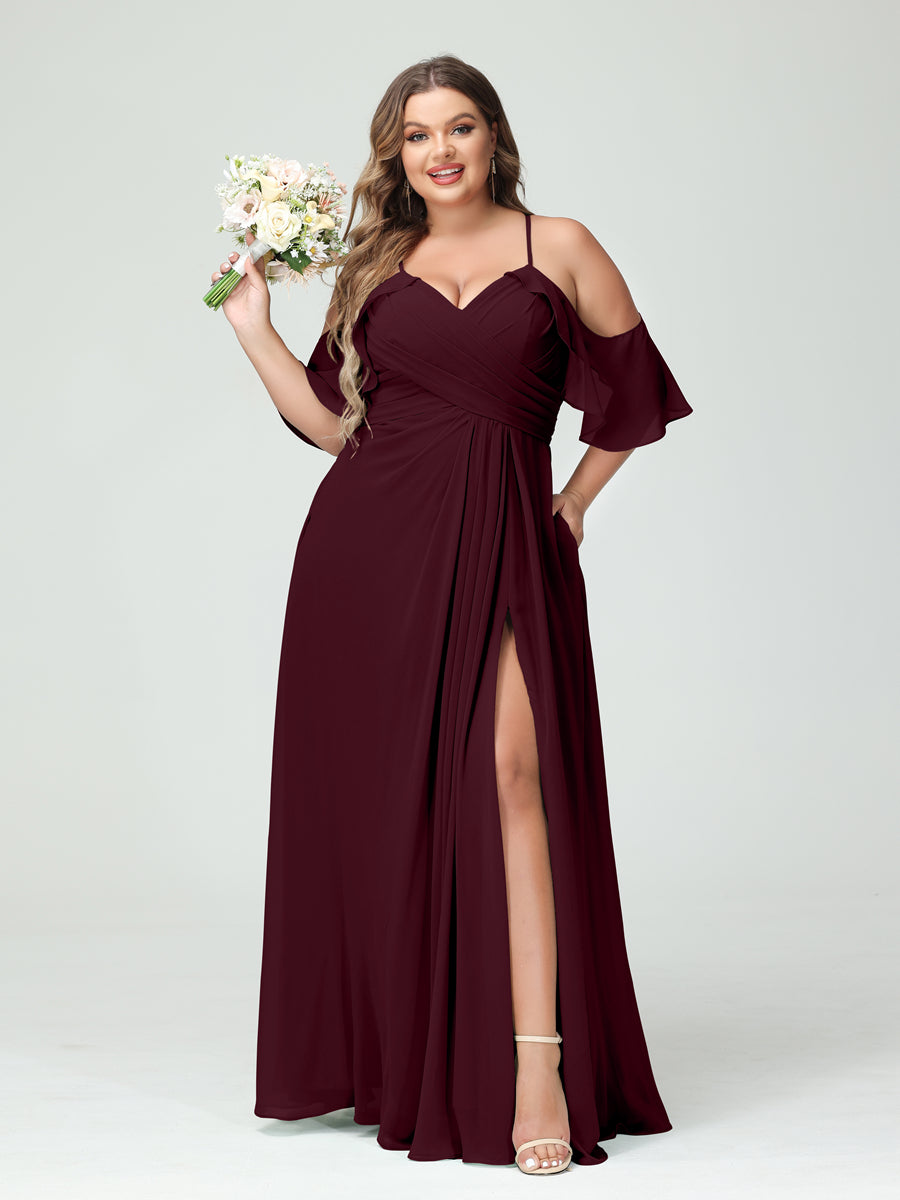 A Line Princess Spaghetti Straps Short Sleeves Chiffon Ruched Split Side Plus Size Bridesmaid Dresses with Pockets