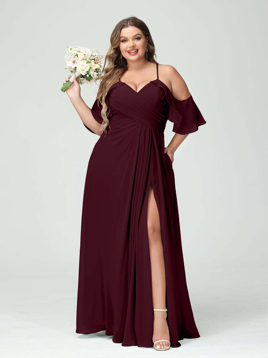 A Line Princess Spaghetti Straps Short Sleeves Chiffon Ruched Split Side Plus Size Bridesmaid Dresses with Pockets