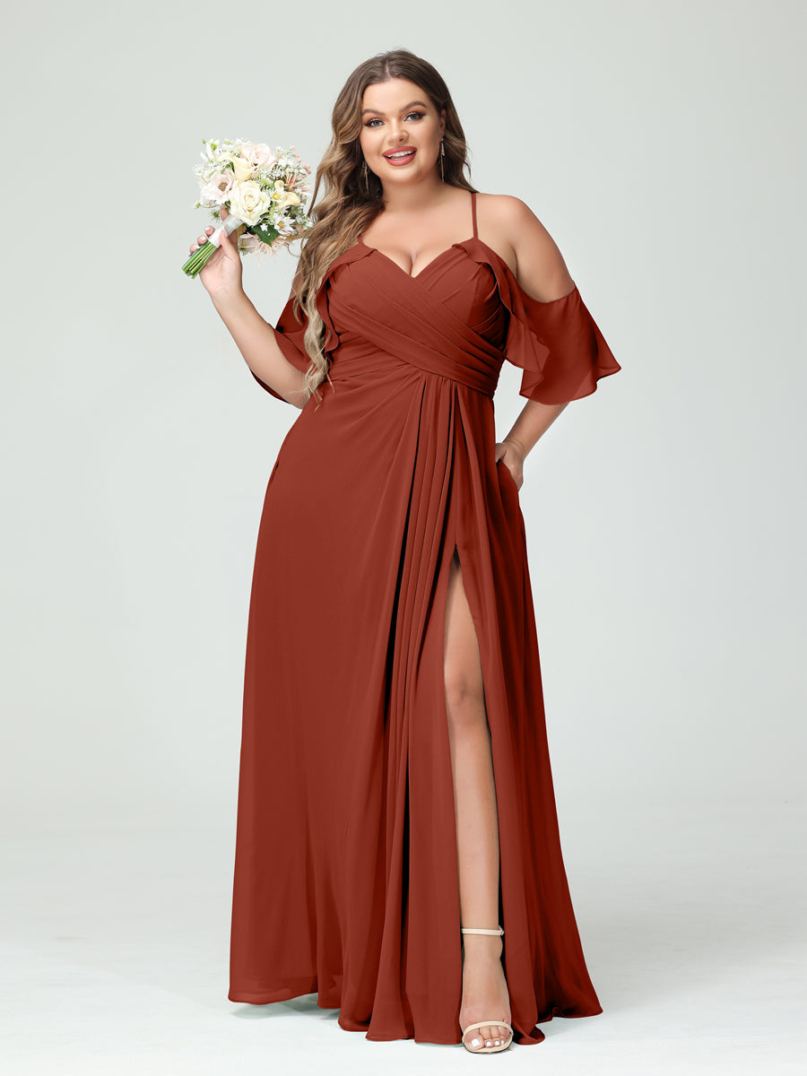 A Line Princess Spaghetti Straps Short Sleeves Chiffon Ruched Split Side Plus Size Bridesmaid Dresses with Pockets