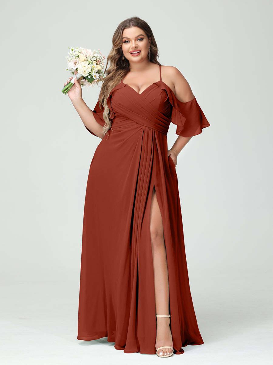 A Line Princess Spaghetti Straps Short Sleeves Chiffon Ruched Split Side Plus Size Bridesmaid Dresses with Pockets