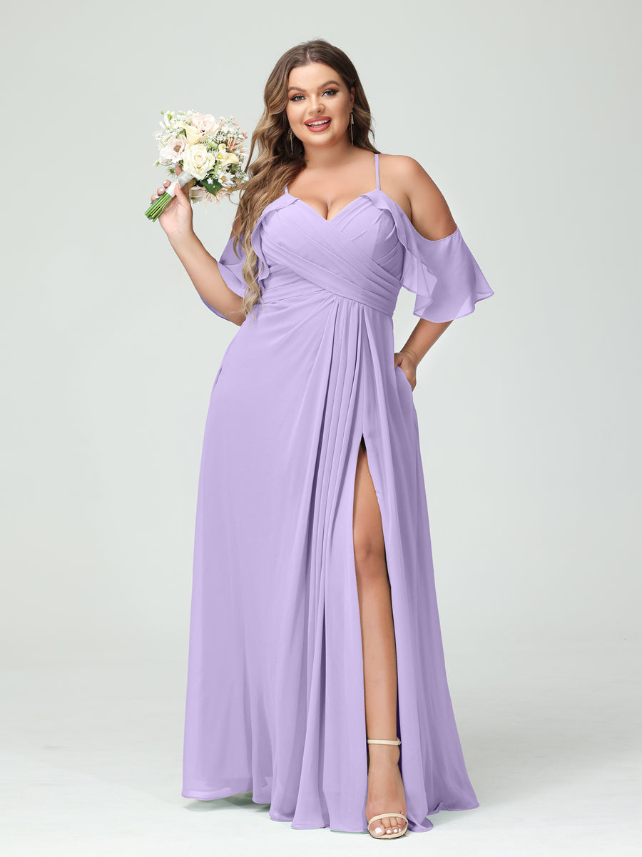 A Line Princess Spaghetti Straps Short Sleeves Chiffon Ruched Split Side Plus Size Bridesmaid Dresses with Pockets