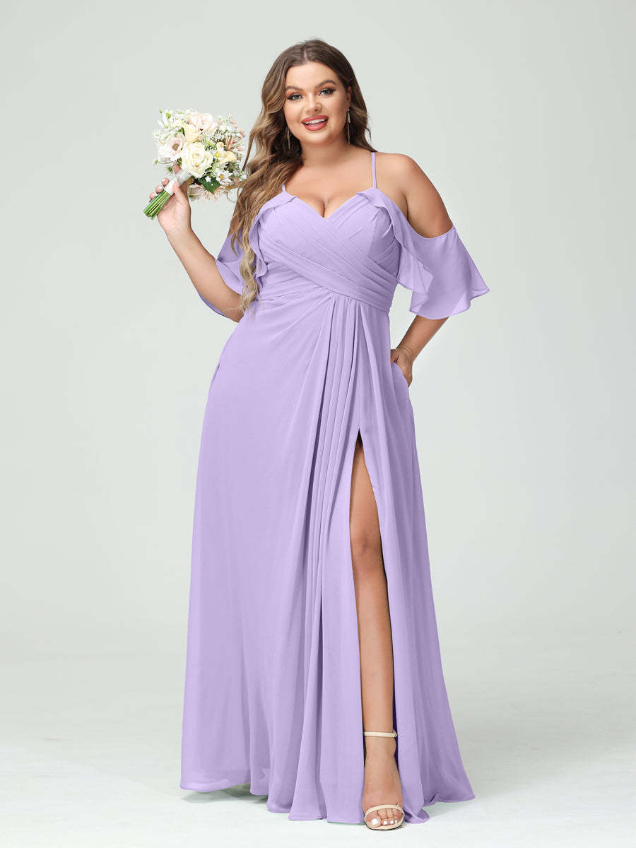 A Line Princess Spaghetti Straps Short Sleeves Chiffon Ruched Split Side Plus Size Bridesmaid Dresses with Pockets