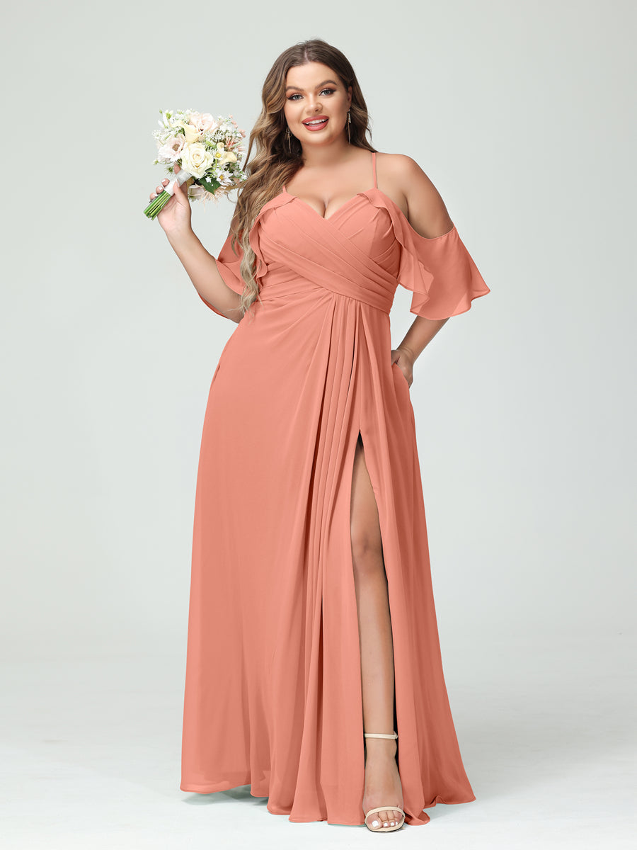 A Line Princess Spaghetti Straps Short Sleeves Chiffon Ruched Split Side Plus Size Bridesmaid Dresses with Pockets