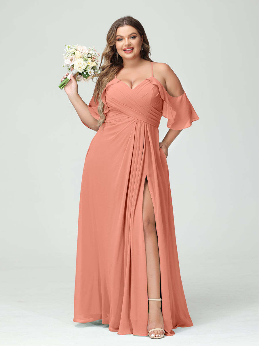 A Line Princess Spaghetti Straps Short Sleeves Chiffon Ruched Split Side Plus Size Bridesmaid Dresses with Pockets
