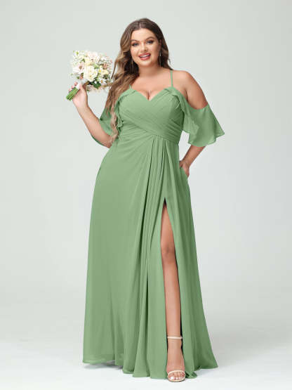 A Line Princess Spaghetti Straps Short Sleeves Chiffon Ruched Split Side Plus Size Bridesmaid Dresses with Pockets