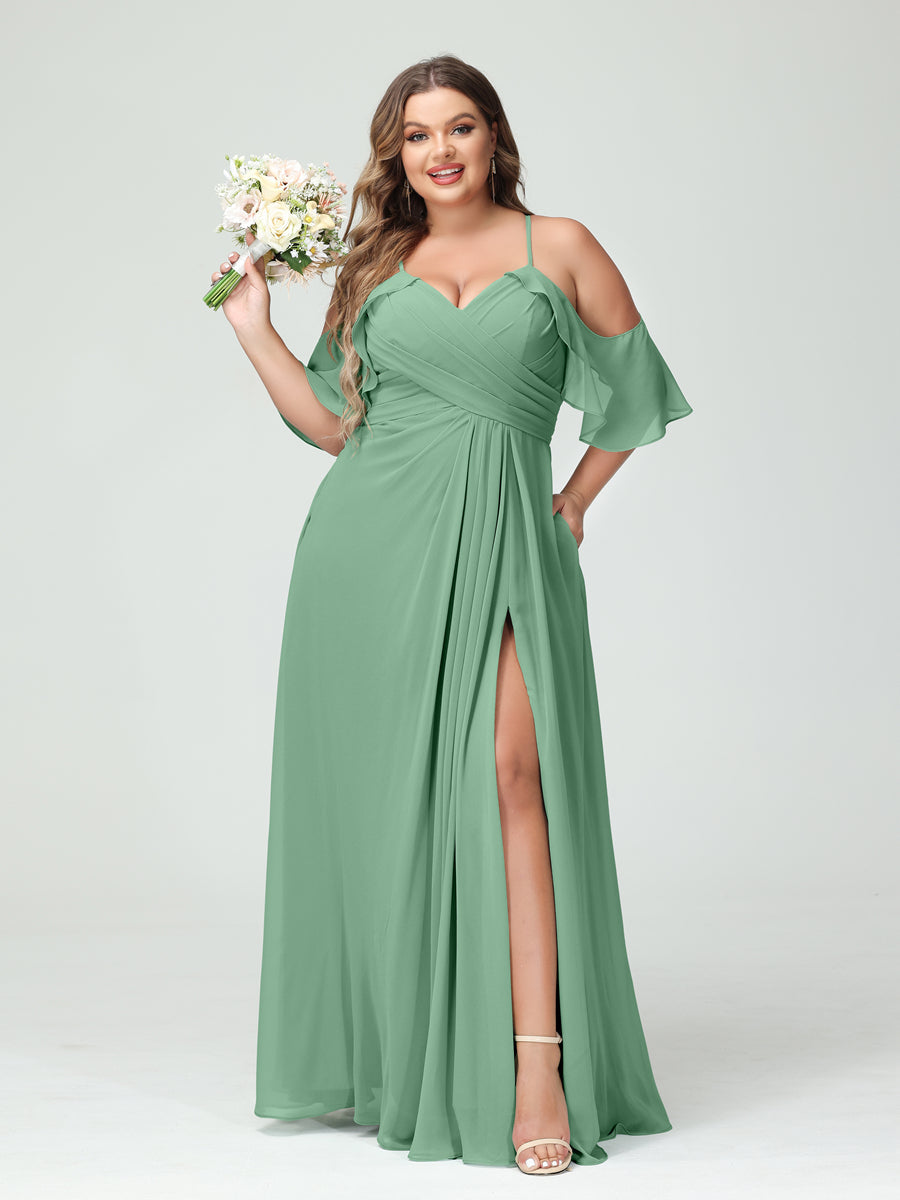 A Line Princess Spaghetti Straps Short Sleeves Chiffon Ruched Split Side Plus Size Bridesmaid Dresses with Pockets