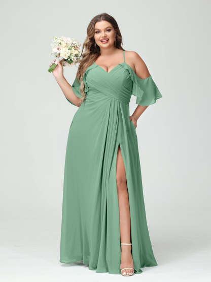 A Line Princess Spaghetti Straps Short Sleeves Chiffon Ruched Split Side Plus Size Bridesmaid Dresses with Pockets