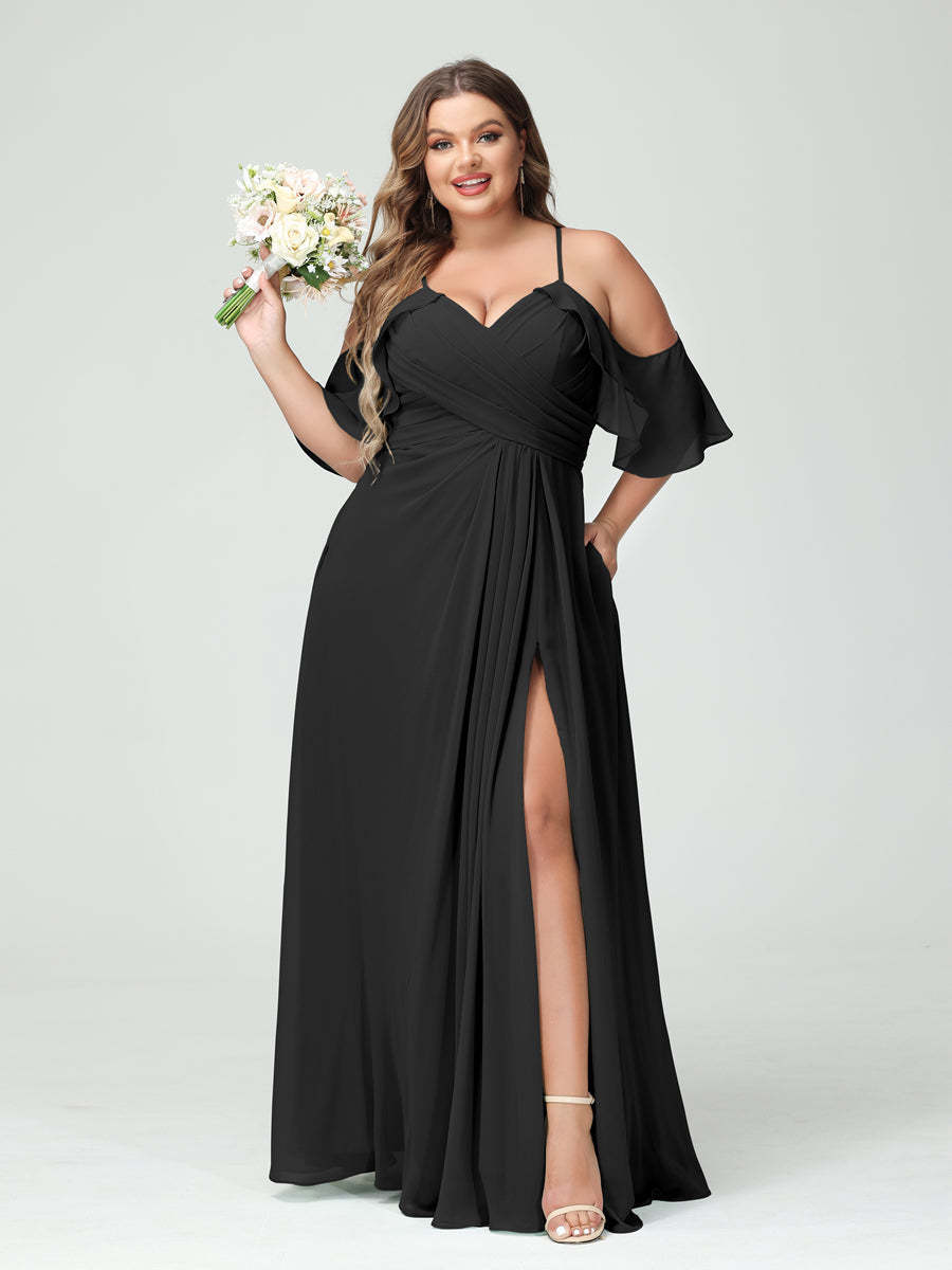 A Line Princess Spaghetti Straps Short Sleeves Chiffon Ruched Split Side Plus Size Bridesmaid Dresses with Pockets
