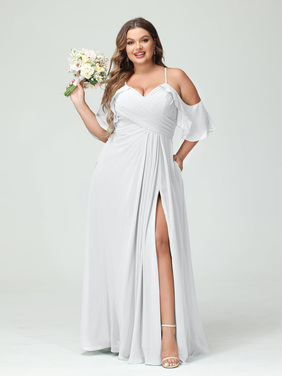 A Line Princess Spaghetti Straps Short Sleeves Chiffon Ruched Split Side Plus Size Bridesmaid Dresses with Pockets