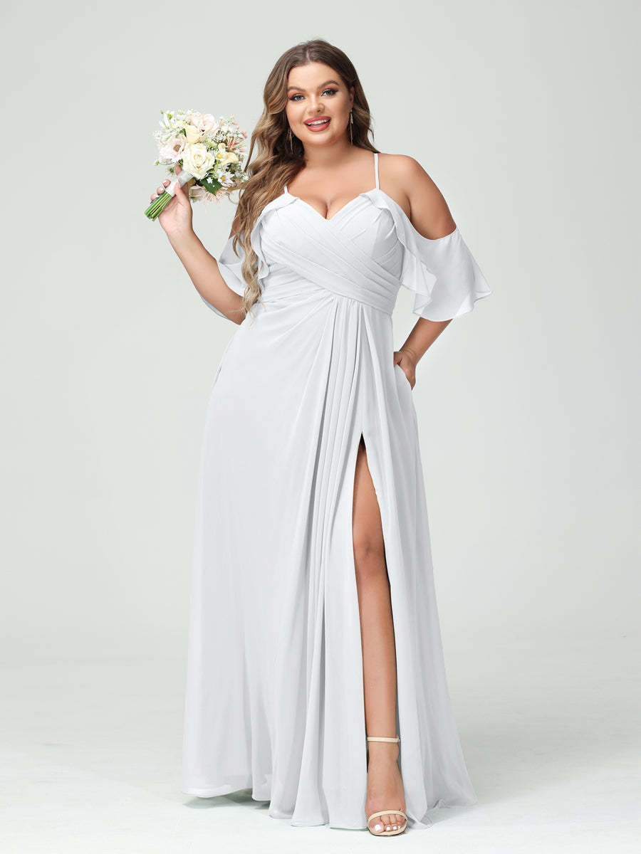 A Line Princess Spaghetti Straps Short Sleeves Chiffon Ruched Split Side Plus Size Bridesmaid Dresses with Pockets