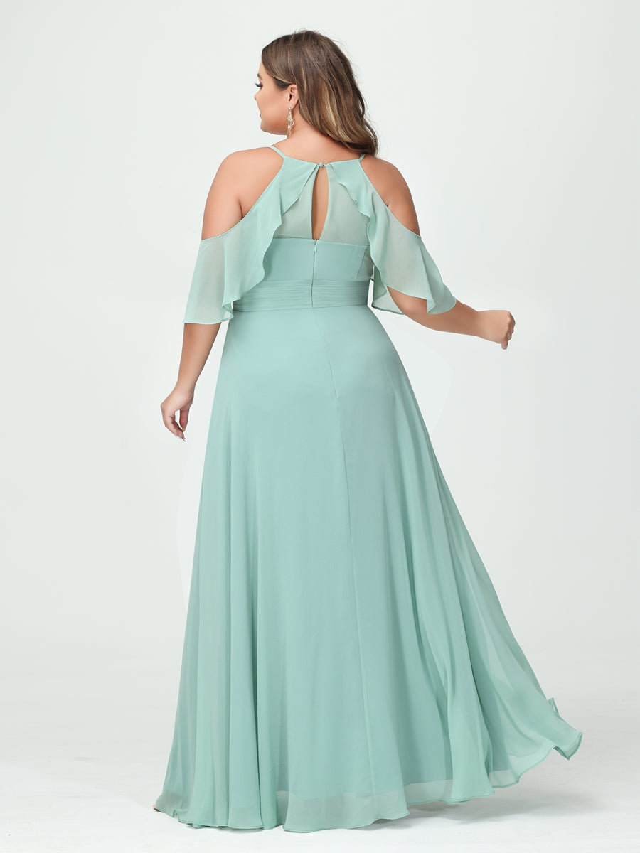 A Line Princess Spaghetti Straps Short Sleeves Chiffon Ruched Split Side Plus Size Bridesmaid Dresses with Pockets