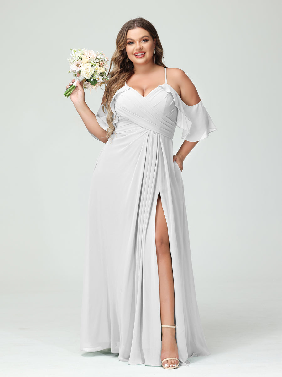 A Line Princess Spaghetti Straps Short Sleeves Chiffon Ruched Split Side Plus Size Bridesmaid Dresses with Pockets