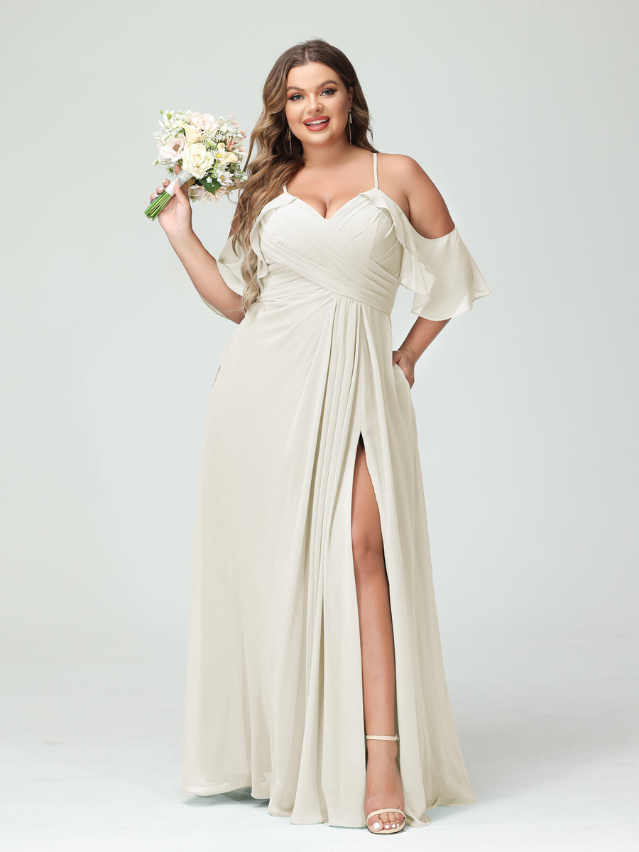 A Line Princess Spaghetti Straps Short Sleeves Chiffon Ruched Split Side Plus Size Bridesmaid Dresses with Pockets