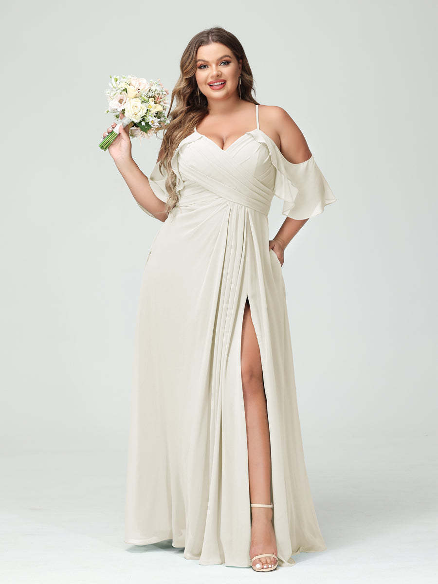 A Line Princess Spaghetti Straps Short Sleeves Chiffon Ruched Split Side Plus Size Bridesmaid Dresses with Pockets