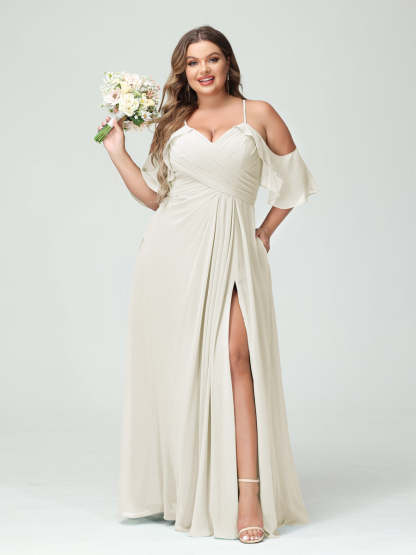 A Line Princess Spaghetti Straps Short Sleeves Chiffon Ruched Split Side Plus Size Bridesmaid Dresses with Pockets