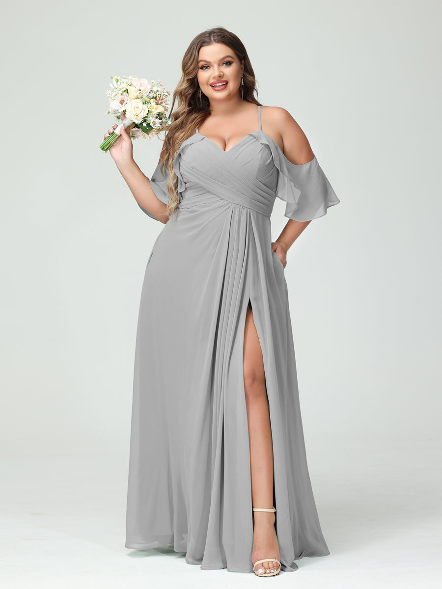 A Line Princess Spaghetti Straps Short Sleeves Chiffon Ruched Split Side Plus Size Bridesmaid Dresses with Pockets