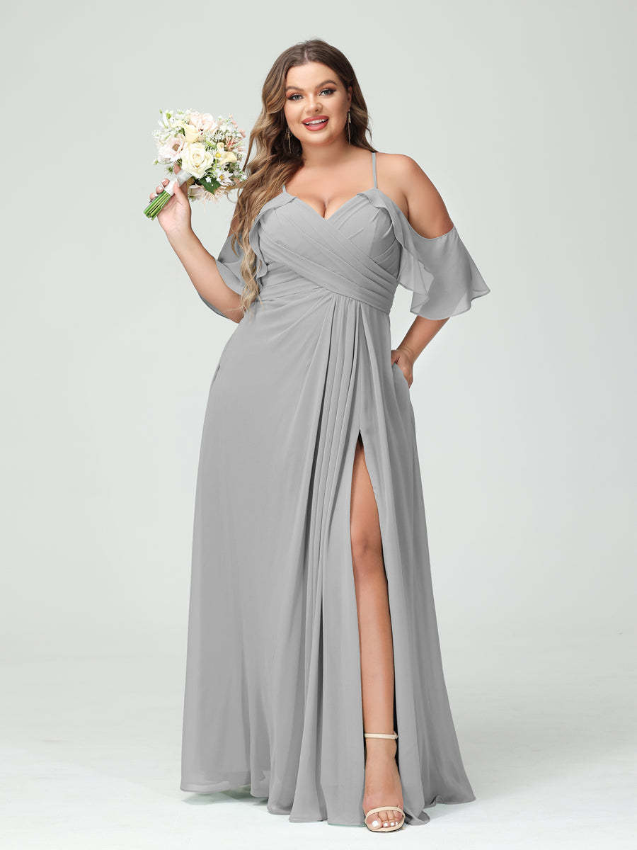 A Line Princess Spaghetti Straps Short Sleeves Chiffon Ruched Split Side Plus Size Bridesmaid Dresses with Pockets