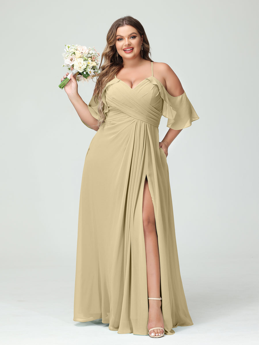 A Line Princess Spaghetti Straps Short Sleeves Chiffon Ruched Split Side Plus Size Bridesmaid Dresses with Pockets