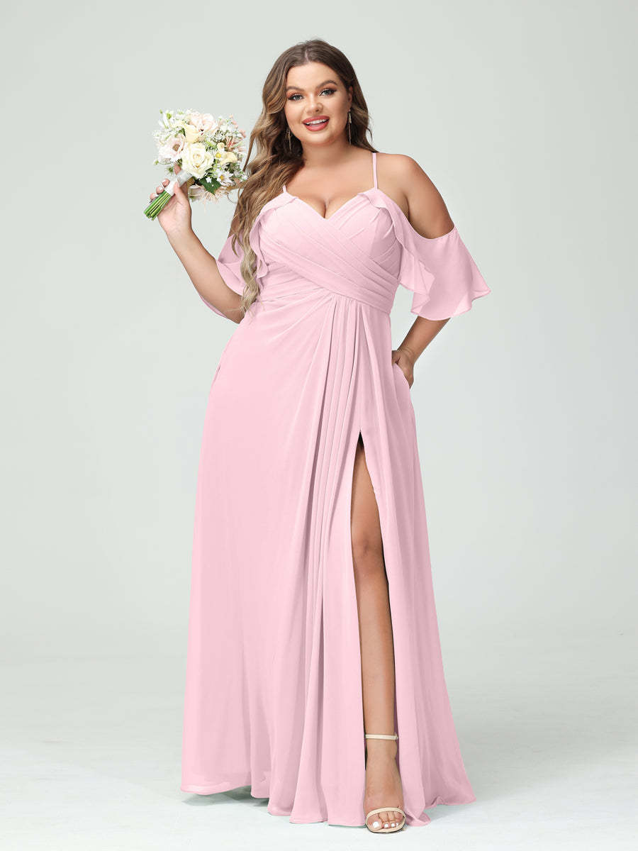 A Line Princess Spaghetti Straps Short Sleeves Chiffon Ruched Split Side Plus Size Bridesmaid Dresses with Pockets