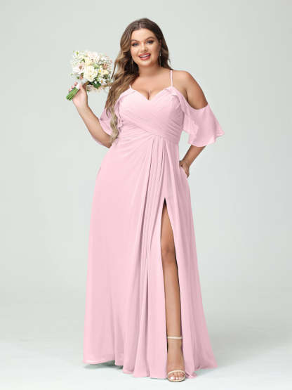 A Line Princess Spaghetti Straps Short Sleeves Chiffon Ruched Split Side Plus Size Bridesmaid Dresses with Pockets