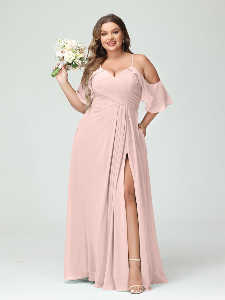 A Line Princess Spaghetti Straps Short Sleeves Chiffon Ruched Split Side Plus Size Bridesmaid Dresses with Pockets