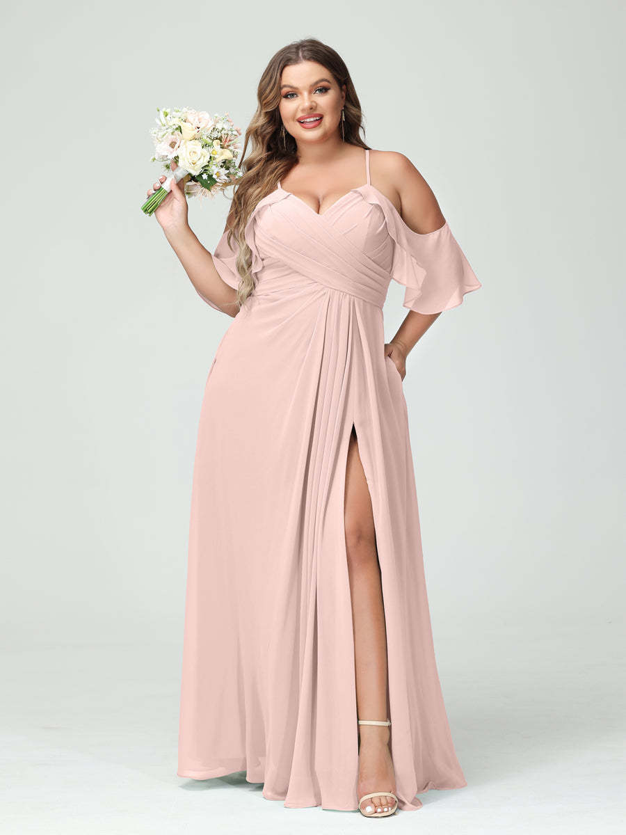 A Line Princess Spaghetti Straps Short Sleeves Chiffon Ruched Split Side Plus Size Bridesmaid Dresses with Pockets