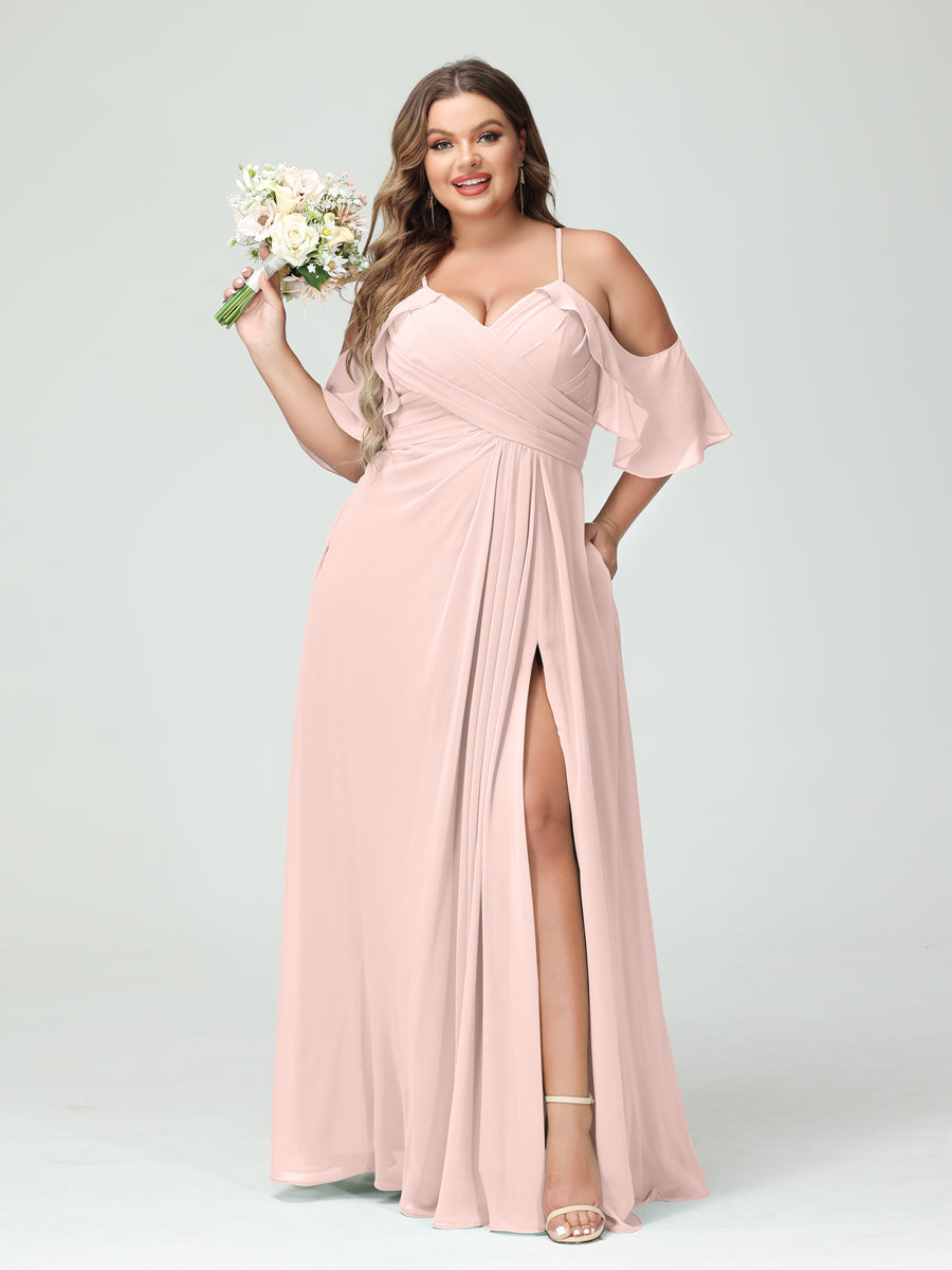 A Line Princess Spaghetti Straps Short Sleeves Chiffon Ruched Split Side Plus Size Bridesmaid Dresses with Pockets