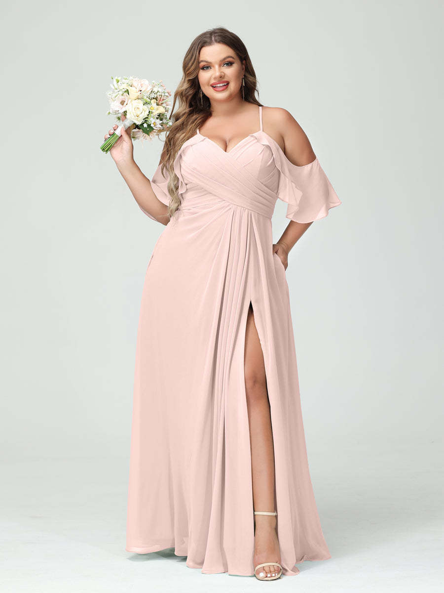 A Line Princess Spaghetti Straps Short Sleeves Chiffon Ruched Split Side Plus Size Bridesmaid Dresses with Pockets