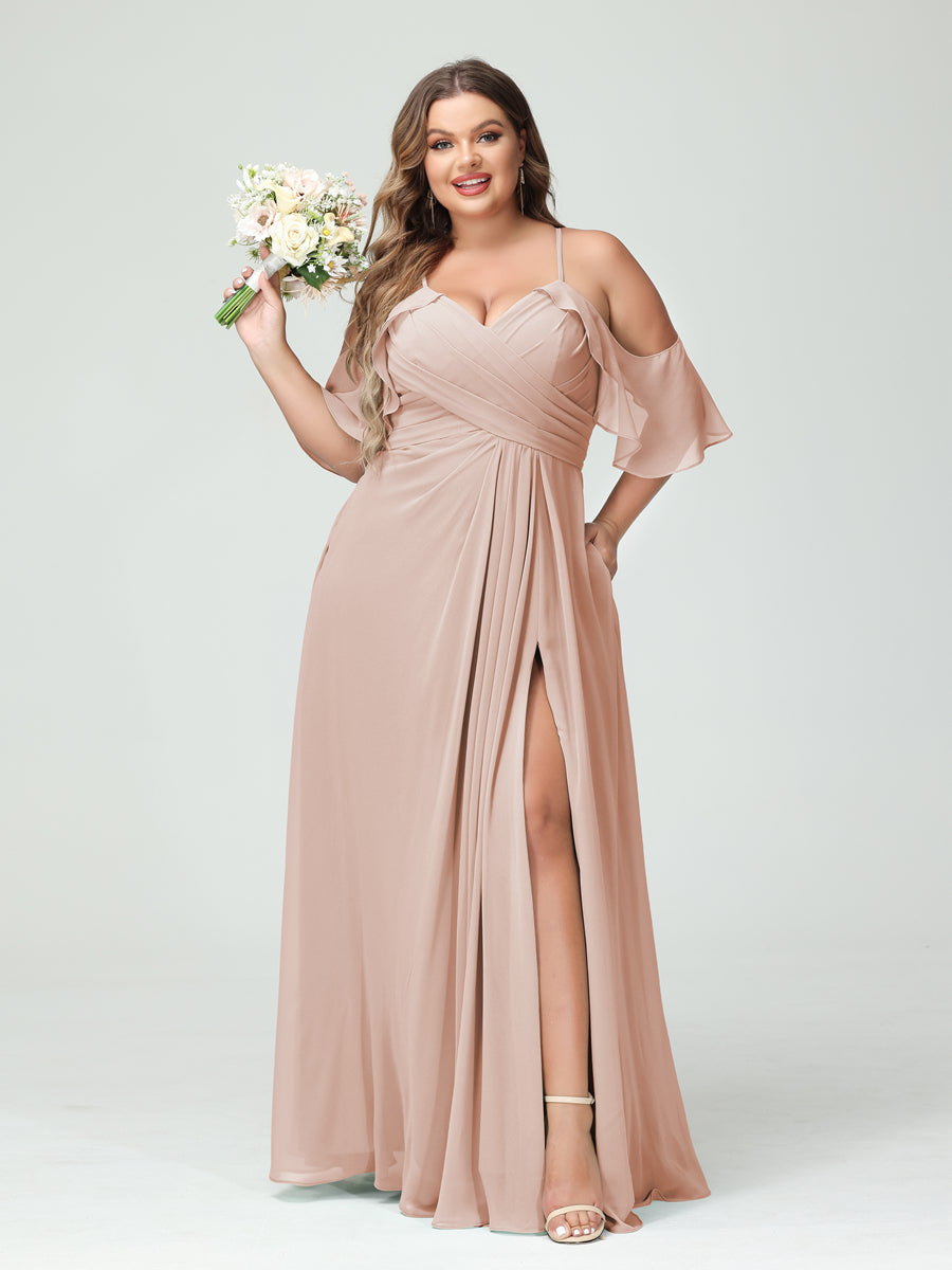 A Line Princess Spaghetti Straps Short Sleeves Chiffon Ruched Split Side Plus Size Bridesmaid Dresses with Pockets