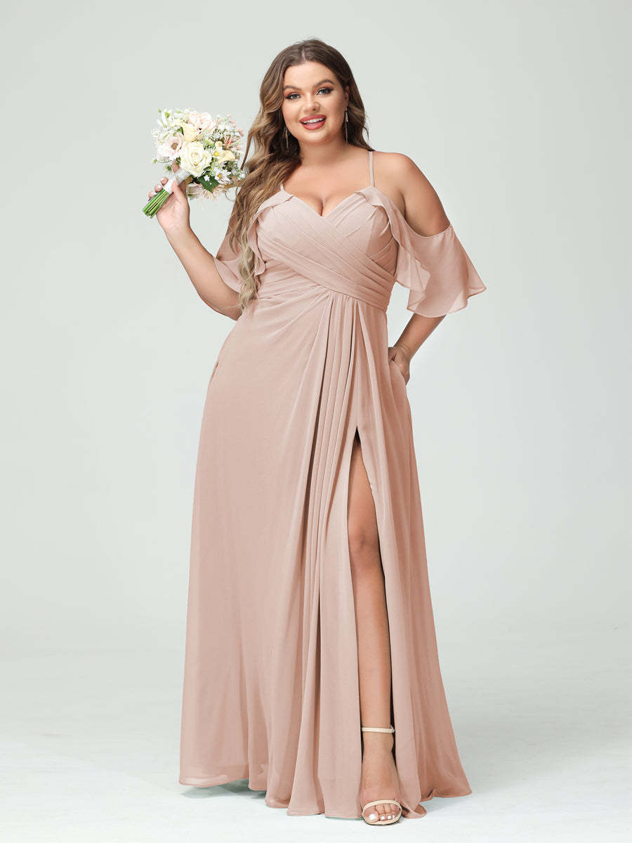 A Line Princess Spaghetti Straps Short Sleeves Chiffon Ruched Split Side Plus Size Bridesmaid Dresses with Pockets