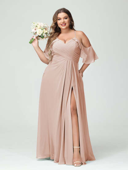 A Line Princess Spaghetti Straps Short Sleeves Chiffon Ruched Split Side Plus Size Bridesmaid Dresses with Pockets