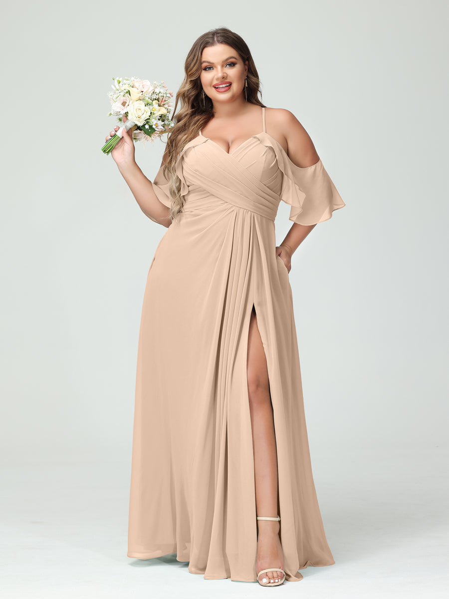 A Line Princess Spaghetti Straps Short Sleeves Chiffon Ruched Split Side Plus Size Bridesmaid Dresses with Pockets