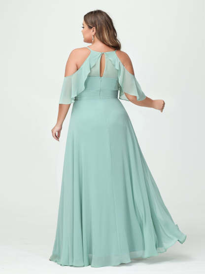 A Line Princess Spaghetti Straps Short Sleeves Chiffon Ruched Split Side Plus Size Bridesmaid Dresses with Pockets