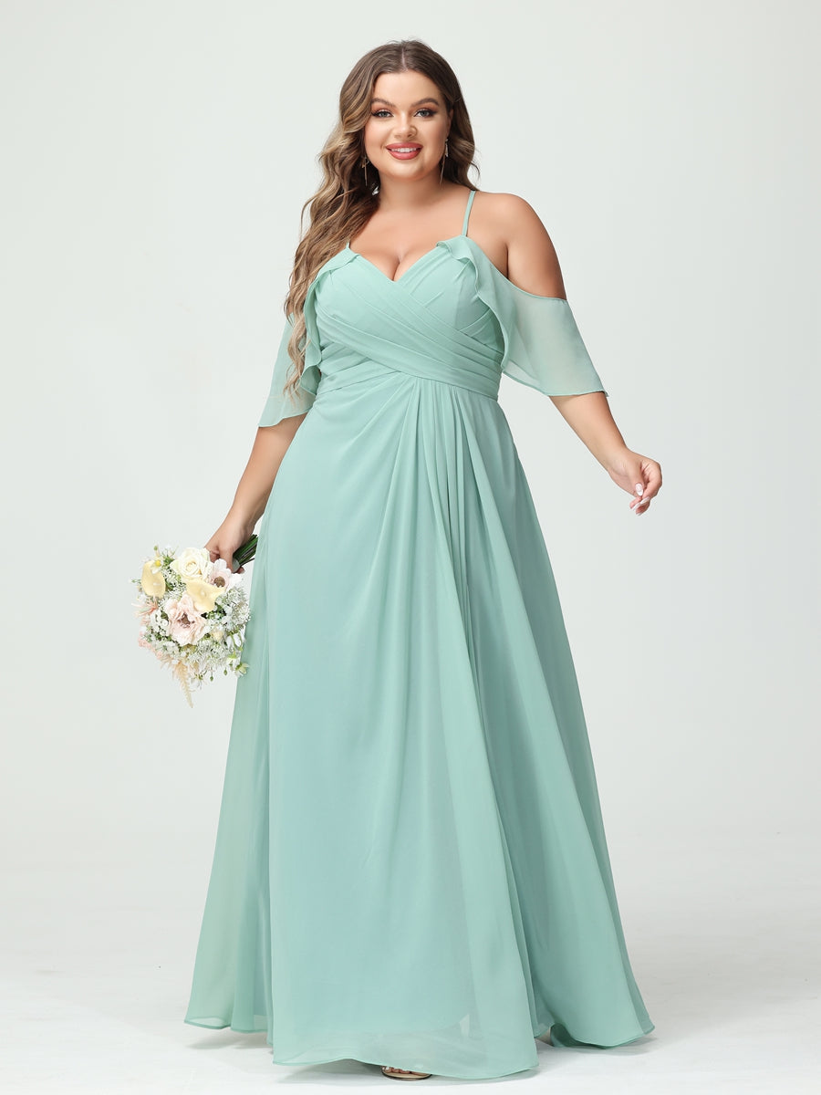 A Line Princess Spaghetti Straps Short Sleeves Chiffon Ruched Split Side Plus Size Bridesmaid Dresses with Pockets