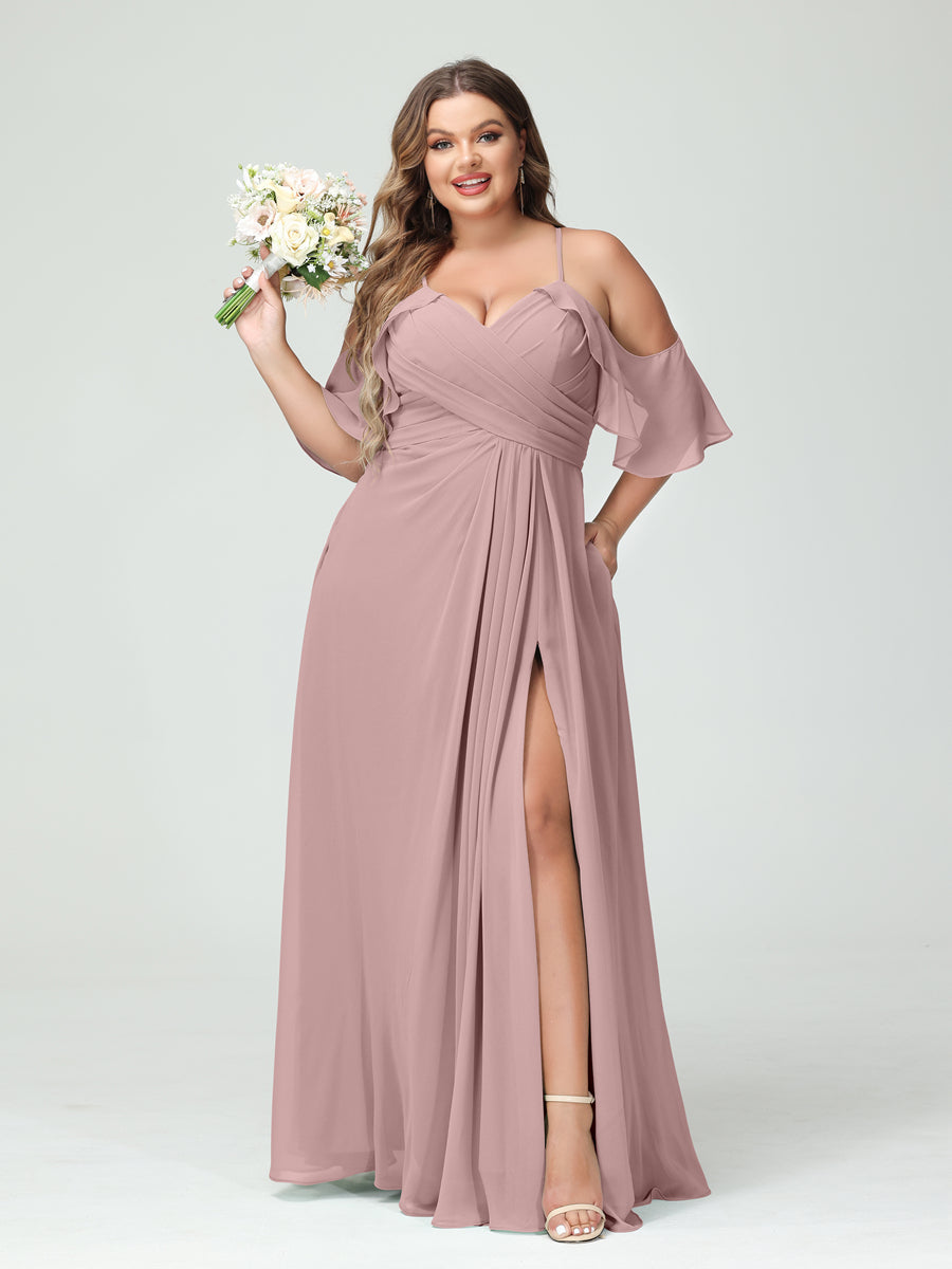 A Line Princess Spaghetti Straps Short Sleeves Chiffon Ruched Split Side Plus Size Bridesmaid Dresses with Pockets
